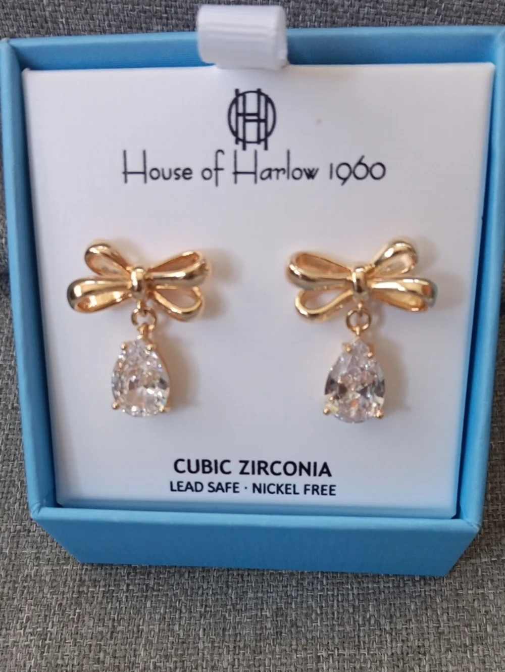 House of Harlow 1960 Gold Bow Earrings with Clear Teardrop Cubic Zirconia NIB